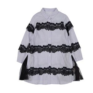 JNBY White blue Lace Striped Dress a line collar button